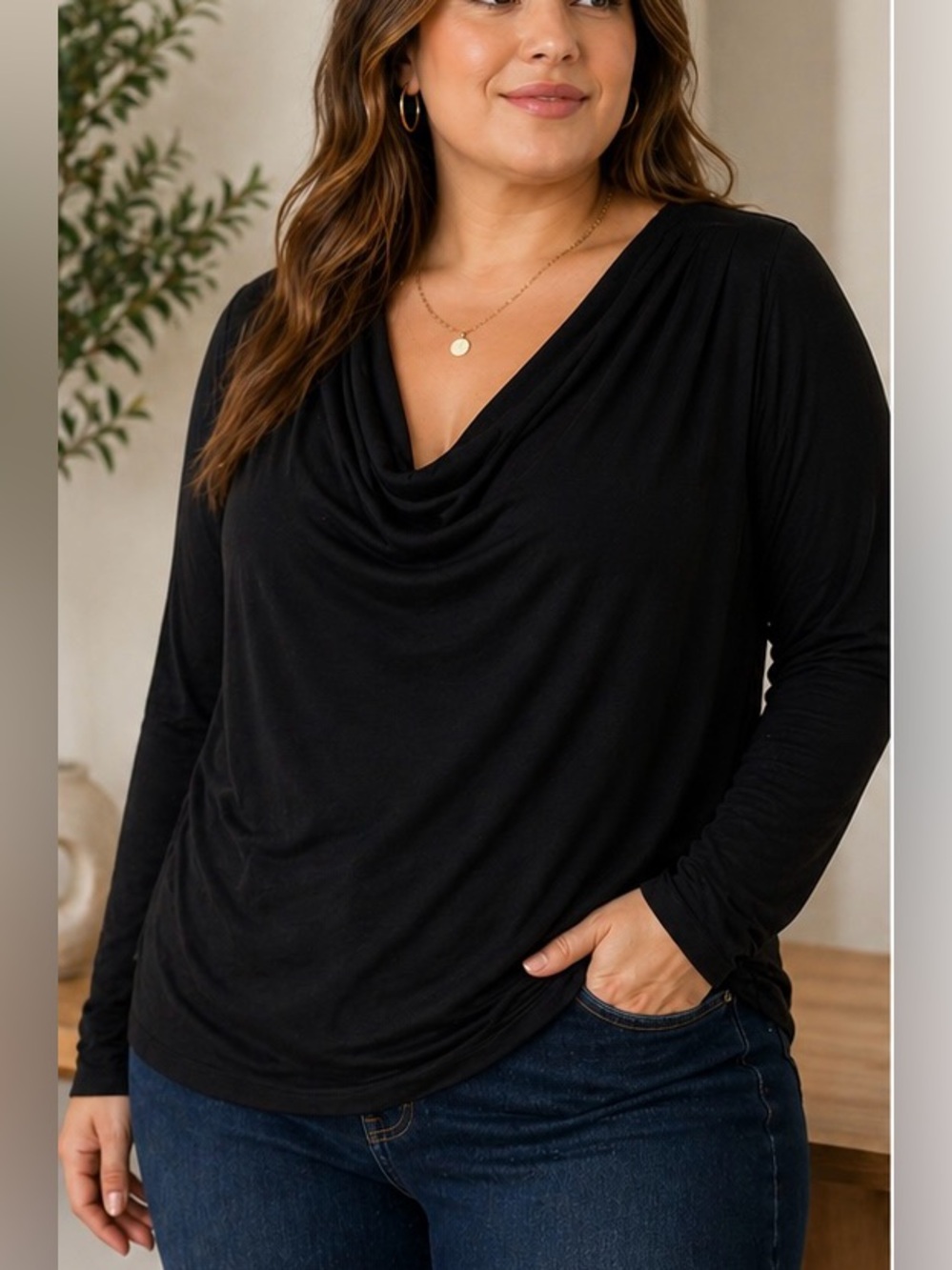 Black Tape Draped Cowl Neck Top Long Sleeve Stretch Black Blouse Size XL
